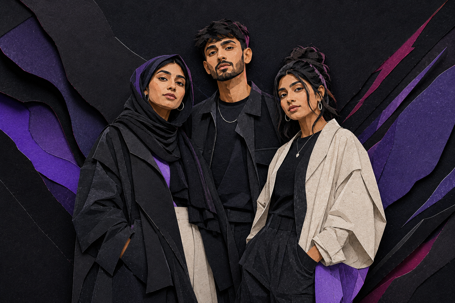Editorial illustration of the three-person Three Tapes collective